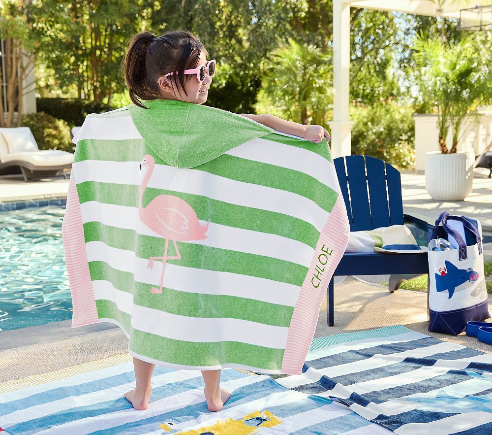Rugby Stripe Flamingo Kid Beach Hooded Towel UPF 50+ | Pottery Barn Kids