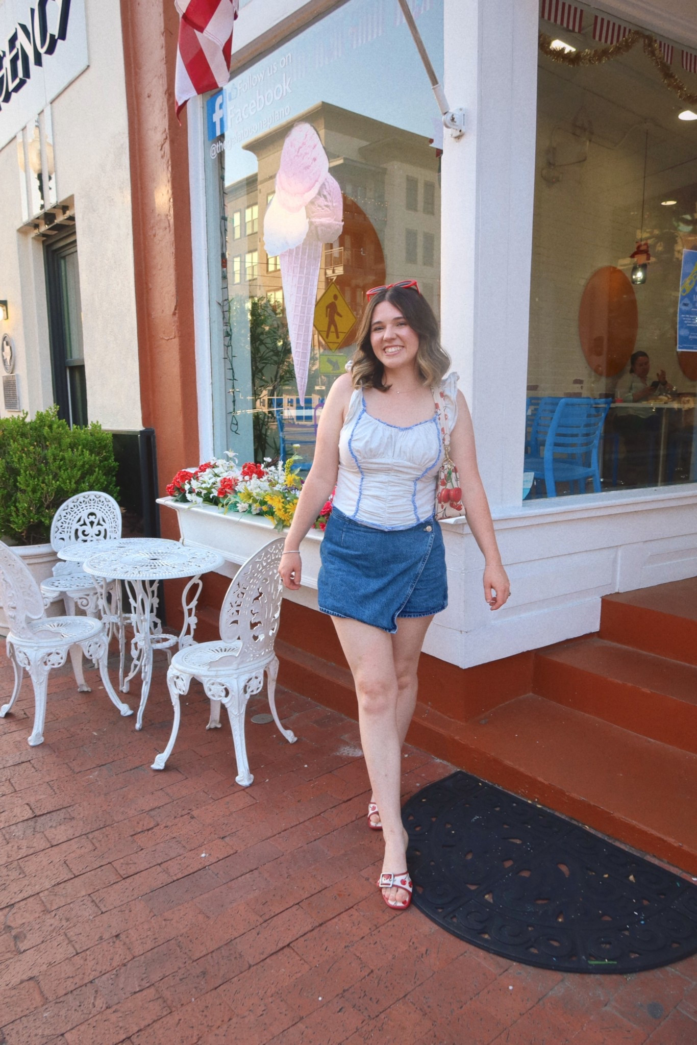 Date night outfit 🤭 
Top is Free People 
Skort is Madewell
Coach cherry purse and heels 
Red sunglasses 

#LTKStyleTip #LTKSummerEdit