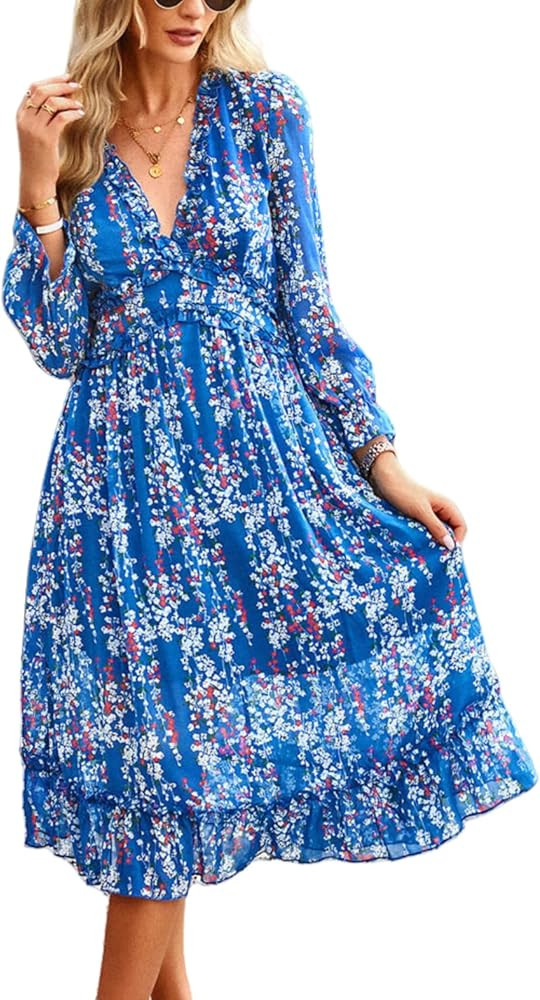 Women's Chiffon Floral Dress V Neck Midi Ruffle Long Sleeve A Line Casual | Amazon (US)