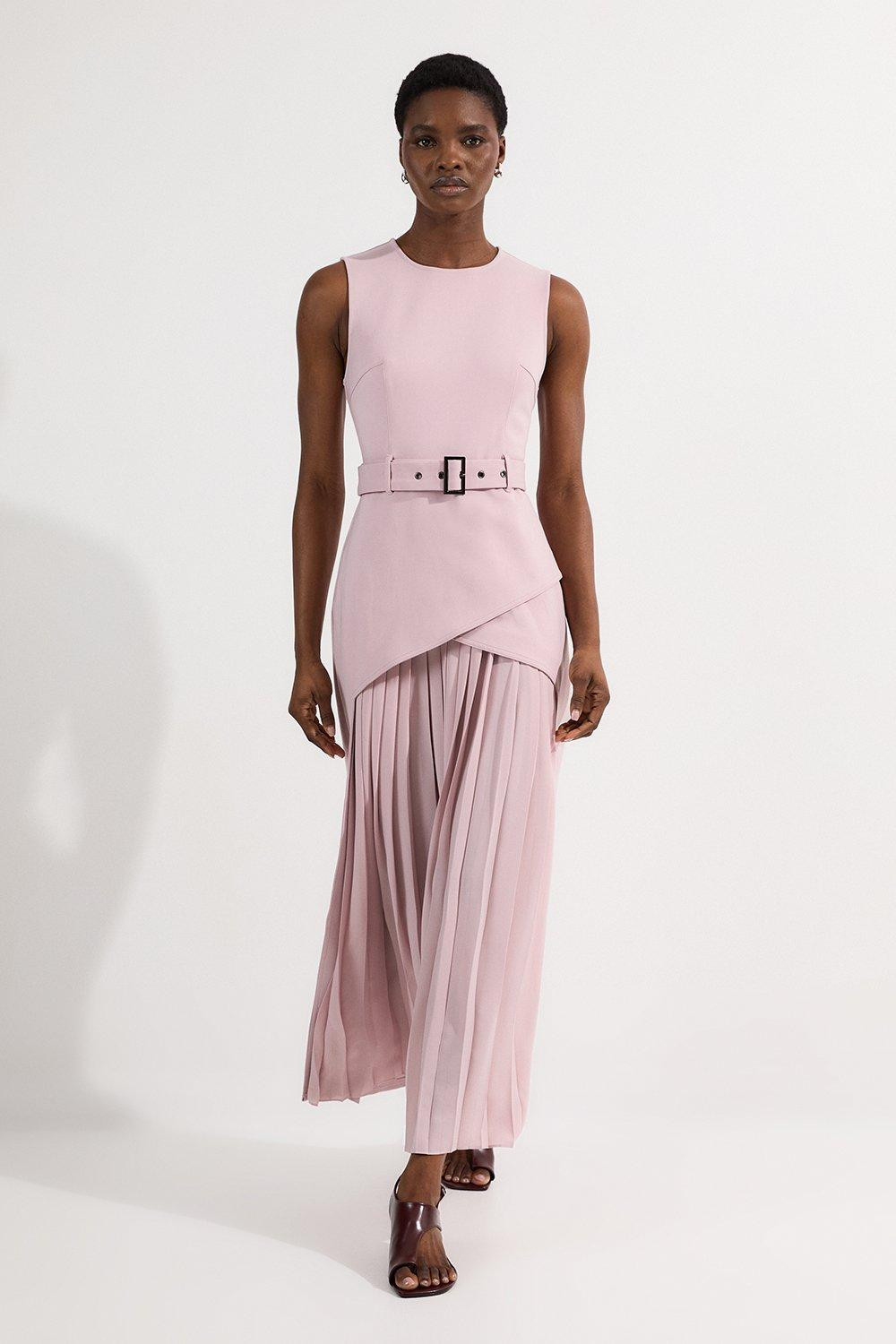 Ponte And Georgette Jersey Pleated Maxi Dress | Karen Millen UK + IE + DE + NL