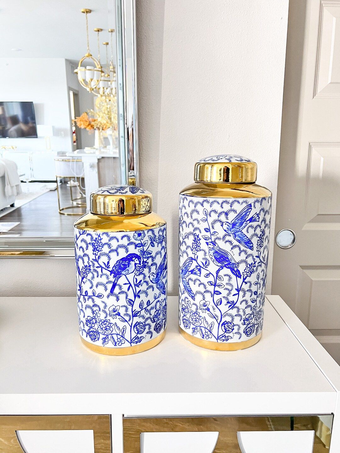 White and Blue Jar, Blue Ginger Jar Vase, Gold Ceramic Vase, Blue Chinoiserie jar, Housewarming G... | Etsy (US)