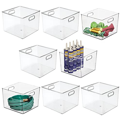 mDesign Plastic Household Storage Bin Box Container with Handles for Garage Organization - Holds Cleaning and Garden Supplies or Tools - Fits on Shelves and Counters - Ligne Collection, 8 Pack, Clear | Amazon (US)