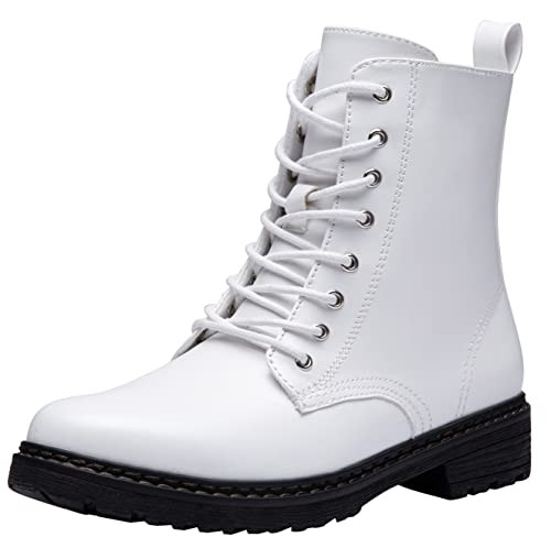 Vepose Women's 9622 Combat Eight Eyes Low Heel Lace Up Classic Boots Ankle Booties,White,Size 7M US(CJY9622 whitepu 07) | Amazon (US)