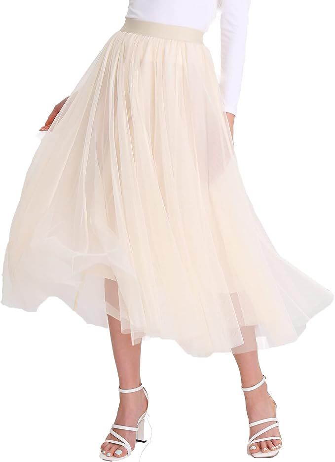 Women’s Tulle Skirts Midi Elastic High Waist Pleated Mesh Flowy A-Line Party Long Tutu Skirts... | Amazon (US)