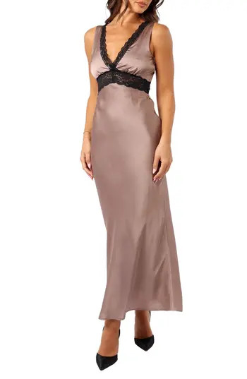 Petal & Pup Brennan Lace Trim Satin Maxi Dress in Mocha at Nordstrom Rack, Size Small | Nordstrom Rack