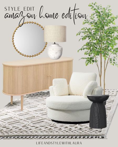 Living room revamp - Amazon edition - all for under $1650
Mid century modern style, cozy, stylish living room on a budget 
Bouclé fabric swivel accent chair, Moroccan style lattice tassel rug, curved edge scandi style sideboard storage cabinet, round gold beaded mirror, tall ficus artificial tree

#LTKSeasonal #LTKstyletip #LTKhome