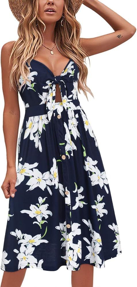 VOTEPRETTY Womens Summer Floral Sundress V Neck Tie Front Spaghetti Strap Dresses with Pockets | Amazon (US)