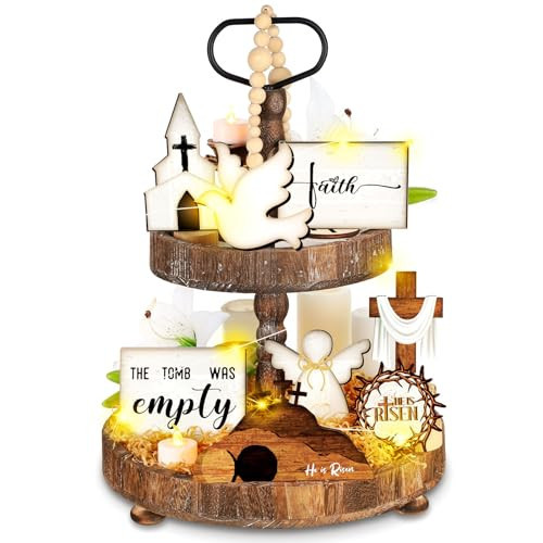 Tujoe 8 Pcs Easter Tiered Tray Decor Set Religious Christian Easter Wooden Table Decorations Sign He is Risen Cross Empty Tomb Centerpieces for Kitchen Home Party Holiday | Amazon (US)