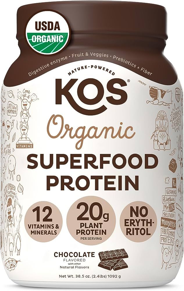KOS Vegan Protein Powder Erythritol Free, Chocolate - Organic Pea Protein Blend, Plant Based Superfo | Amazon (US)
