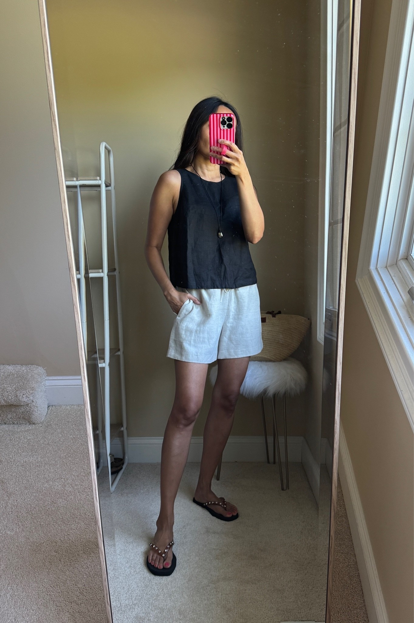 Summer outfit. 
Linen tank top with a relaxed fit. Button up detail in back. True to size. Multiple colors available. 
Pendant necklace with adjustable black cord is perfect for simple tops like this. Also comes in gold. 
Linen blend shorts. True to size. Size up if in between.

#LTKOver40 #LTKTravel