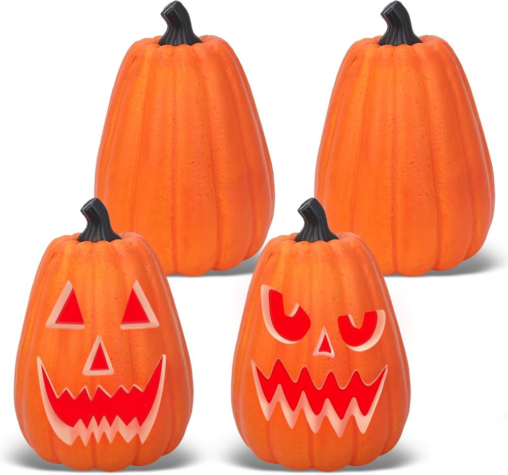 Lanpn 8 Inch Halloween Carvable Pumpkin 4 Pcs, Large Light up LED Artificial Foam Tall Carved Pum... | Amazon (US)
