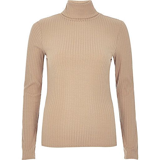 Light brown ribbed roll neck top | River Island (UK & IE)