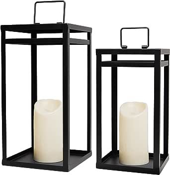 HPC Decor Black Metal Candle Lanterns Set of 2- Lanterns Decorative w/ LED Timer Candles- 15.8'' ... | Amazon (US)