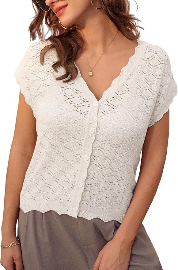GRACE KARIN Women's V Neck Cap Sleeve Summer Crochet Cardigan Sweaters Lightweight Button Front C... | Amazon (US)