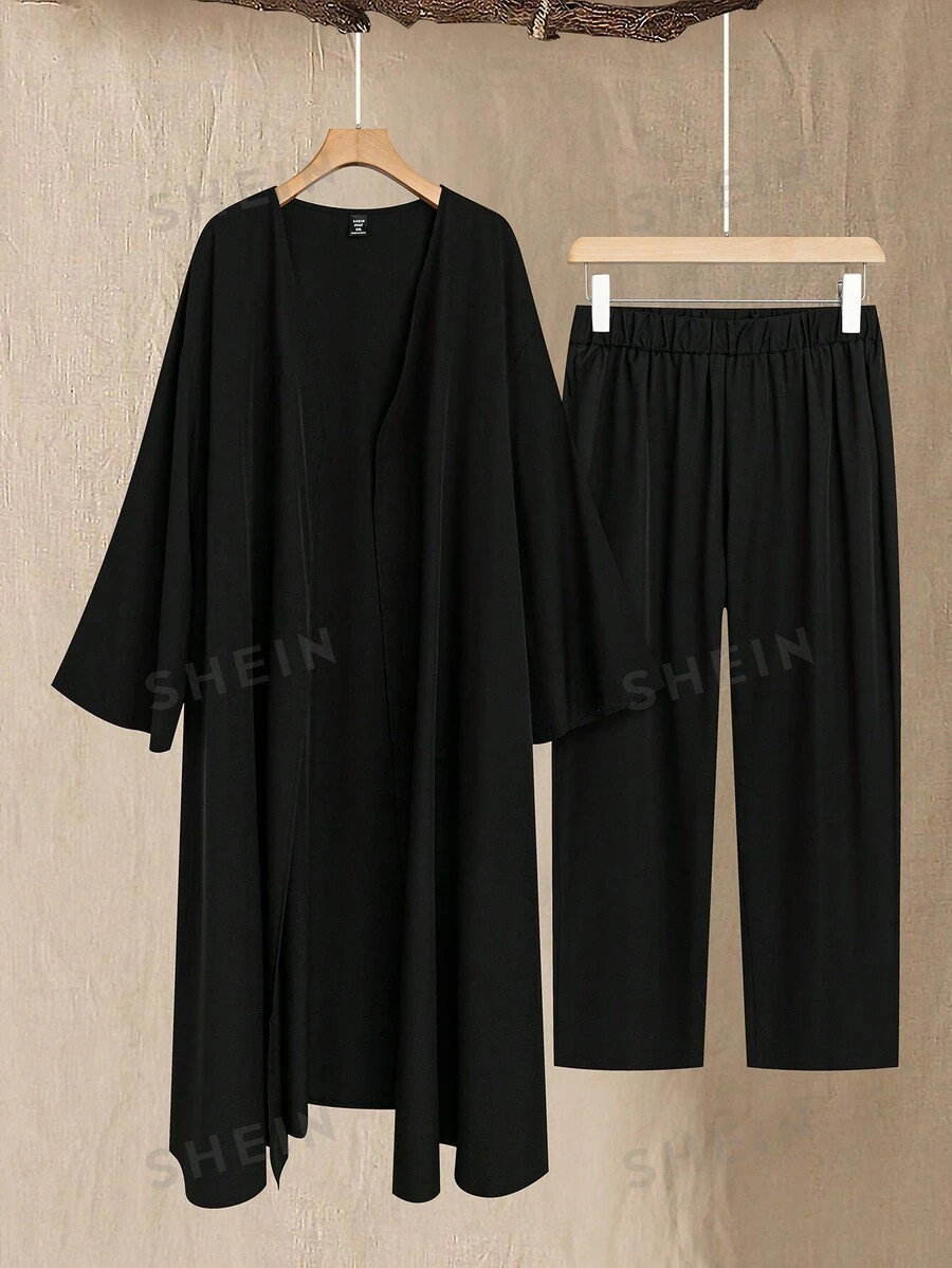 SHEIN LUNE Plus Solid Open Front Coat & Pants | SHEIN