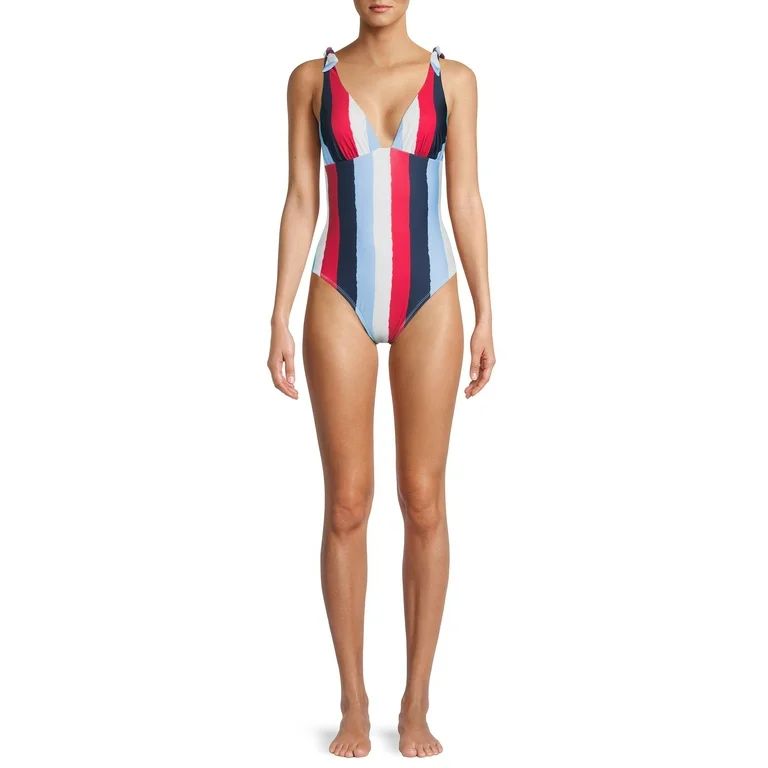 Social Angel Women's Print Tie Shoulder Plunge Swimsuit | Walmart (US)