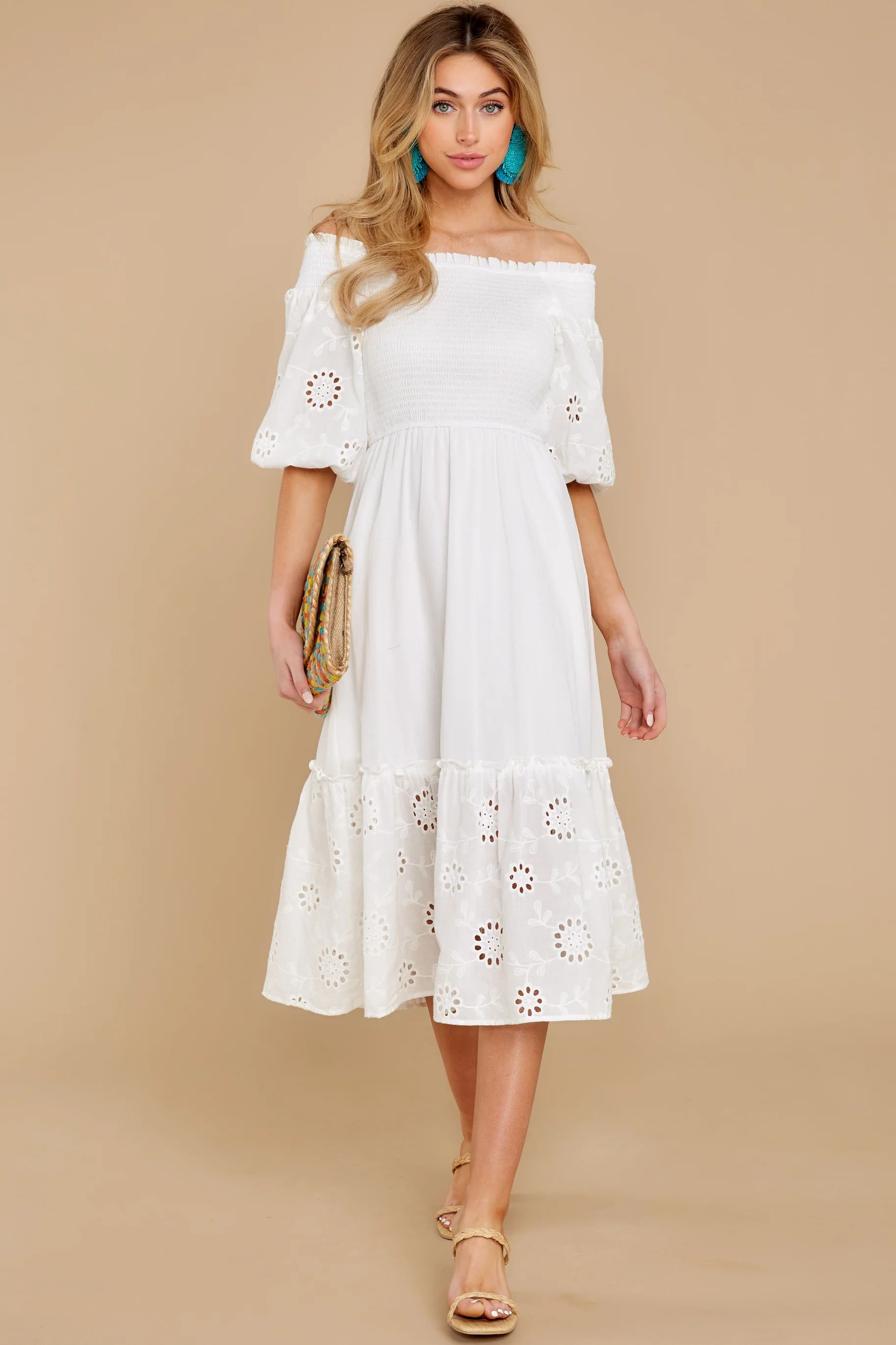 Through My Sights White Eyelet Midi Dress | Red Dress 