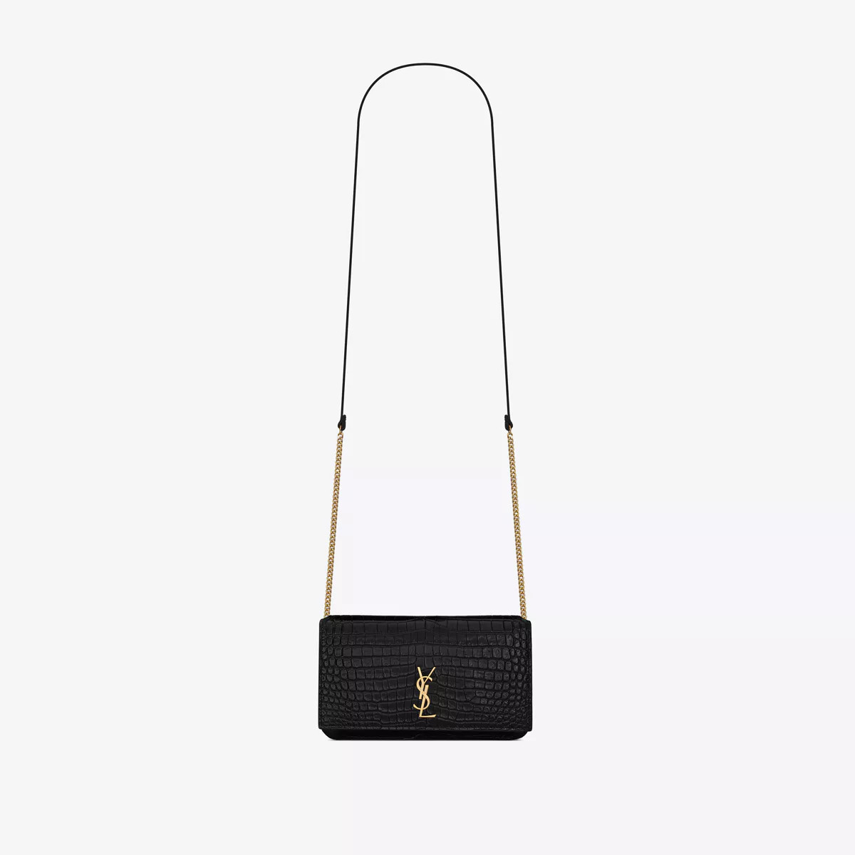 Cassandre Phone Holder In Shiny Crocodile-Embossed Leather Black One Size | Saint Laurent Inc. (Global)