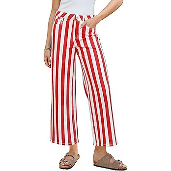 GRAPENT Women Jeans Striped Wide Leg High Waisted Trendy Stretchy Denim Pants Cute Casual Trouser... | Amazon (US)