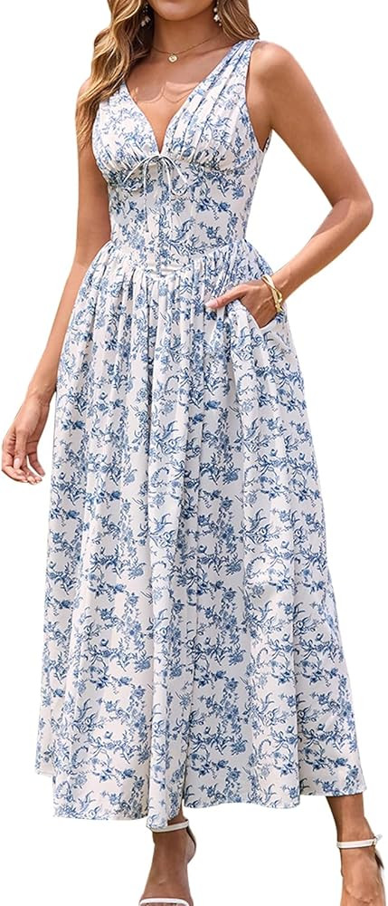 GLNEGE Women's Summer Corset Midi Milkmaid Dress Casual V Neck Flowy A Line Sundress Wedding Gues... | Amazon (US)