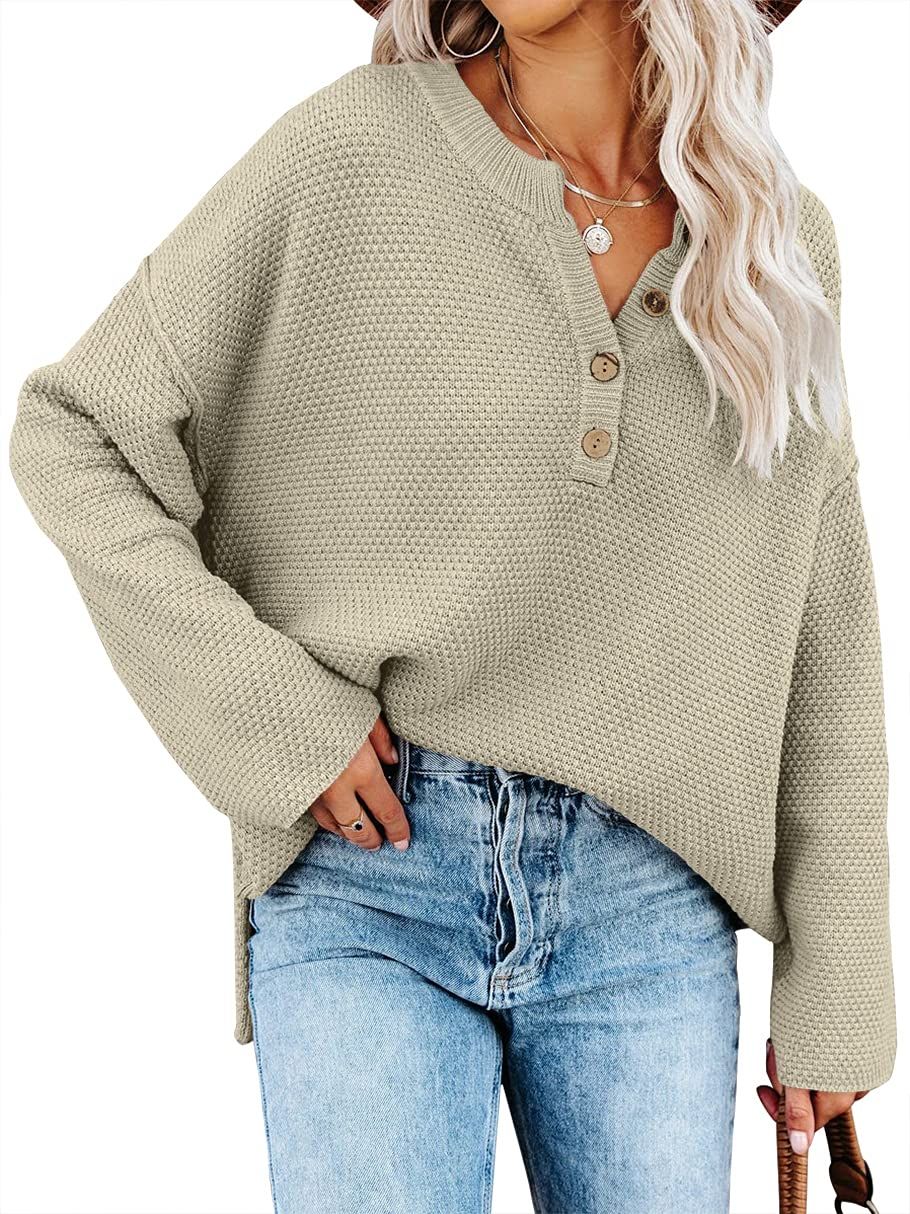 Nigaga Women's Long Sleeve V Neck Button Knit Fall Pullover Sweaters Casual Jumper Tops | Amazon (US)