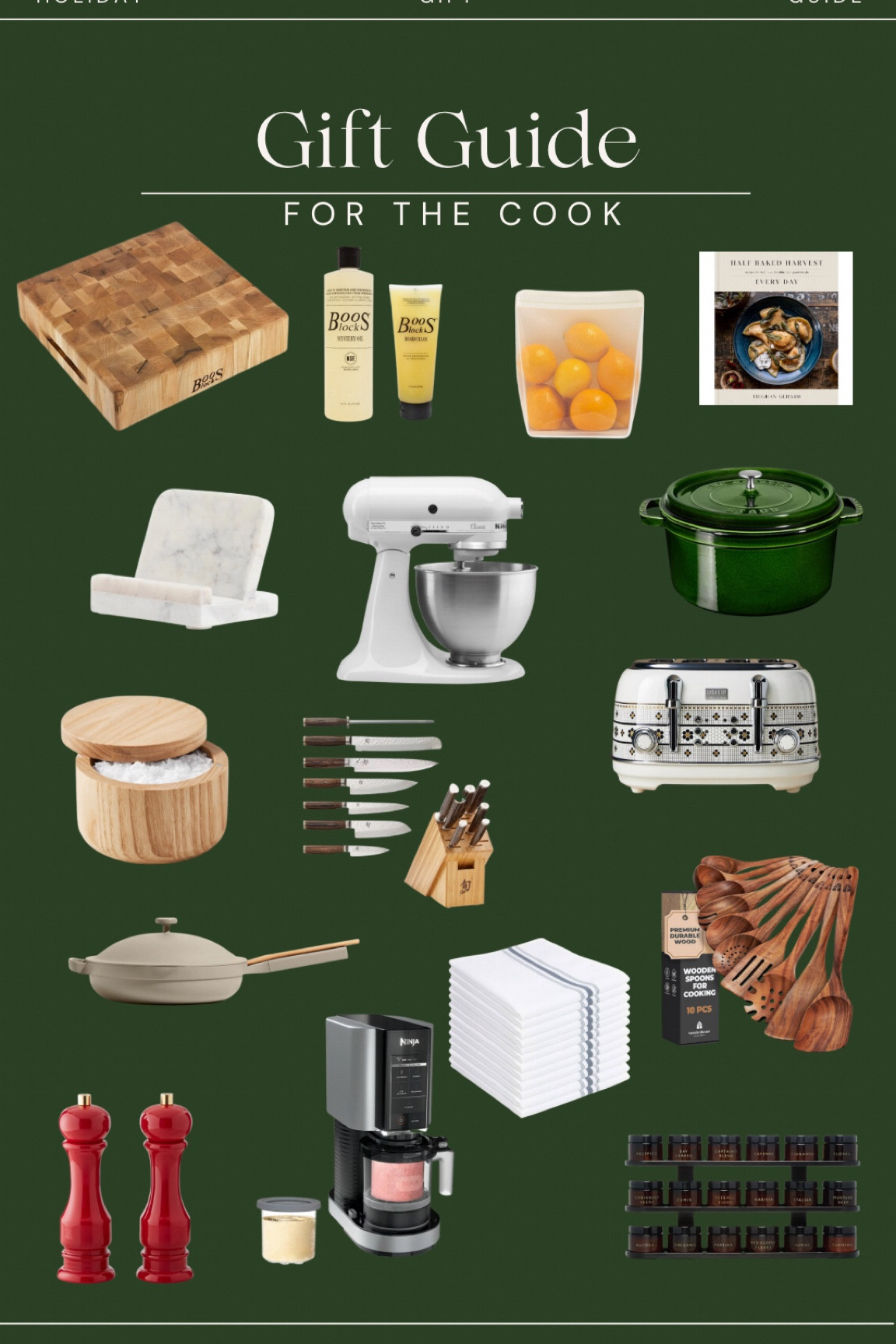 The Ultimate Gift Guide for the Cook in your life! 

Cutting Board / Stasher Bags / Cookbooks / Marble Recipe Holder / Kitchenaid Mixer / Dutch Oven / Knife Set / Always Pan / Ninja Creami / Pretty Toaster / Spice Set / Anthropologie Kitchen / Williams Sonoma Kitchen 

#LTKhome #LTKCyberWeek #LTKGiftGuide
