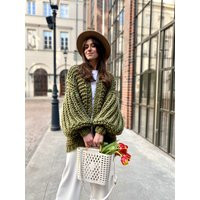 Green Cardigan Coat Wool Cable Women Knit Sweater Oversized Balloon Sleeve Knitted Jacket | Etsy (US)