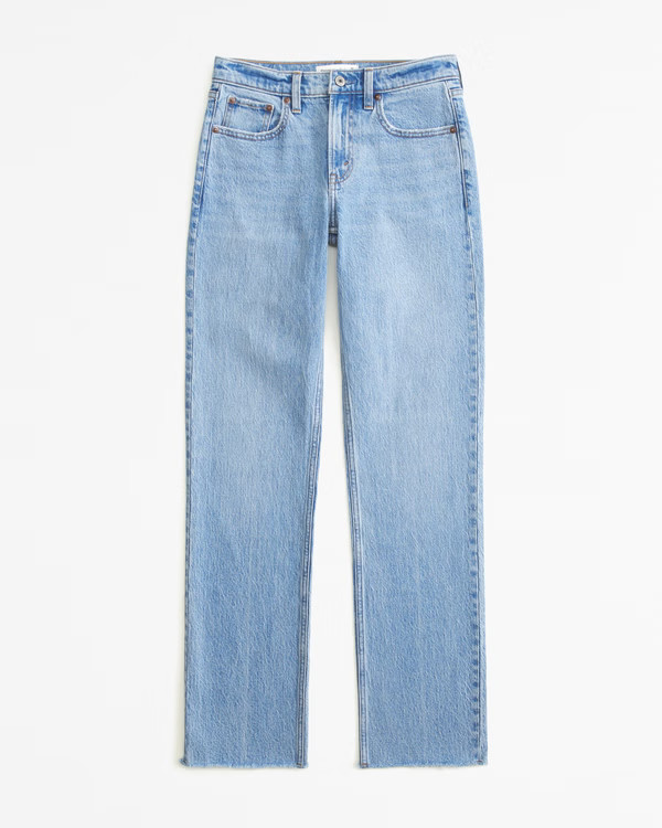 Women's Mid Rise 90s Straight Raw Hem Jean | Women's Bottoms | Abercrombie.com | Abercrombie & Fitch (US)