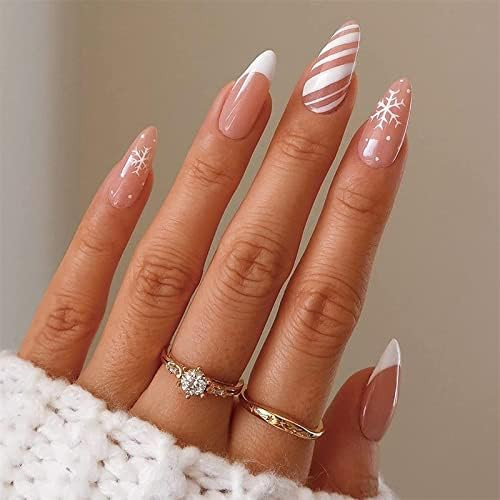 VOTACOS French Tip Christmas Press on Nails Short Almond Fake Nails Nude False Nails with Christm... | Amazon (US)