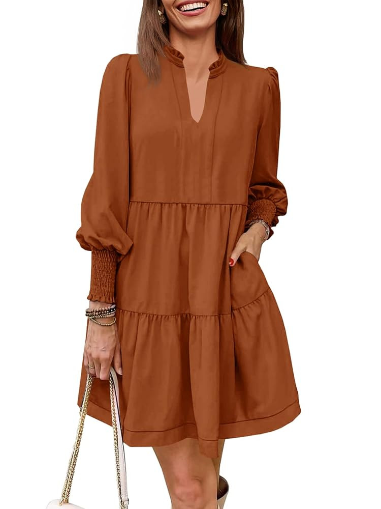 Imily Bela Womens Fall Long Sleeve Tunic Dress Casual V Neck Loose Ruffle Tiered Dress | Amazon (US)