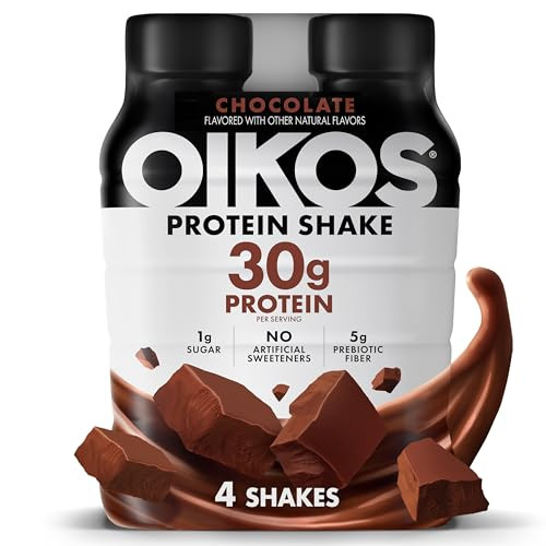 Oikos Protein Shake, Chocolate, 30g High Protein Drinks, Shelf Stable, Ready to Drink, 5g Prebiotic Fiber, 12 fl oz Bottle, 4 Count​ | Amazon (US)