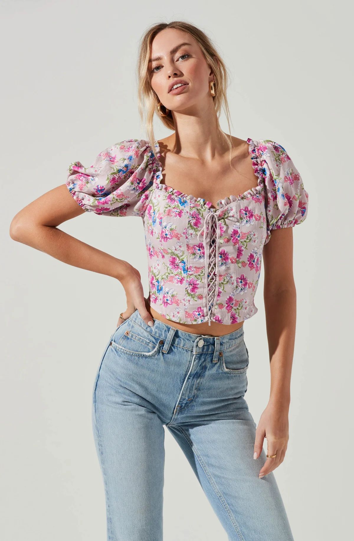 Lace Up Floral Puff Sleeve Top | ASTR The Label (US)
