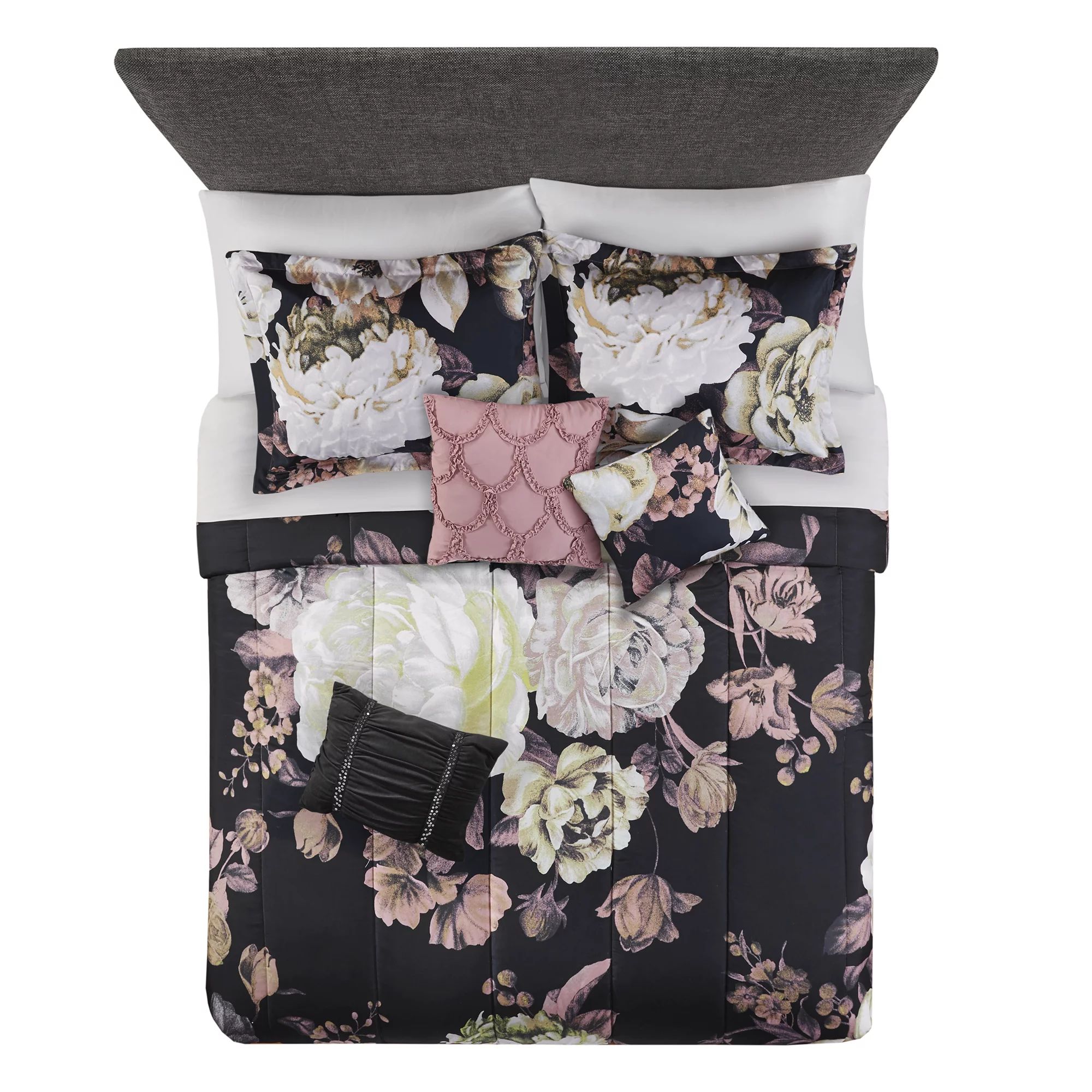 Mainstays Black Floral 10-Piece Bed in a Bag Bedding Set w/BONUS Sheet Set + Pillows, Queen | Walmart (US)