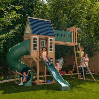 DIY Skyway Resort Wood Outdoor Playground Set with Slides, Crawl Tower, Swings, and Playground Equipment | The Home Depot