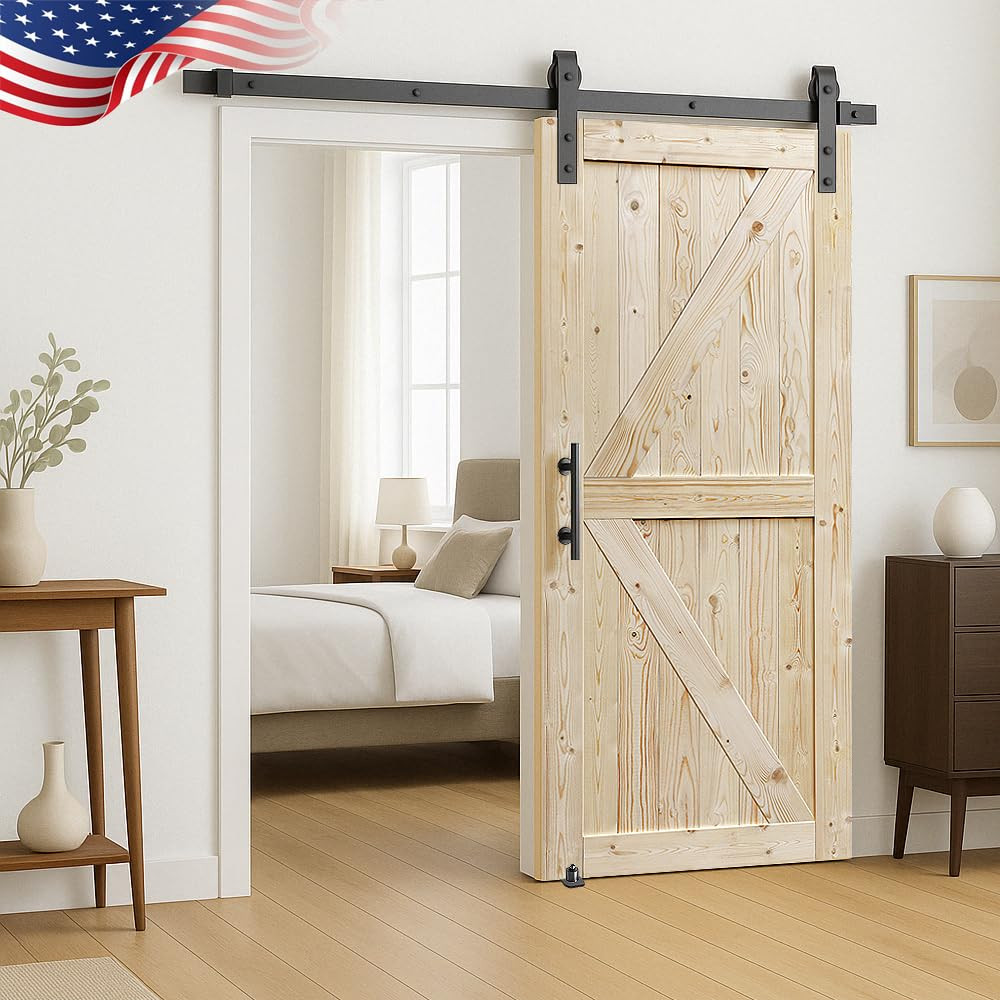 S&Z TOPHAND 36 in. x 84 in. Unfinished British Brace Knotty Barn Door with 6.6FT Sliding Door Har... | Amazon (US)