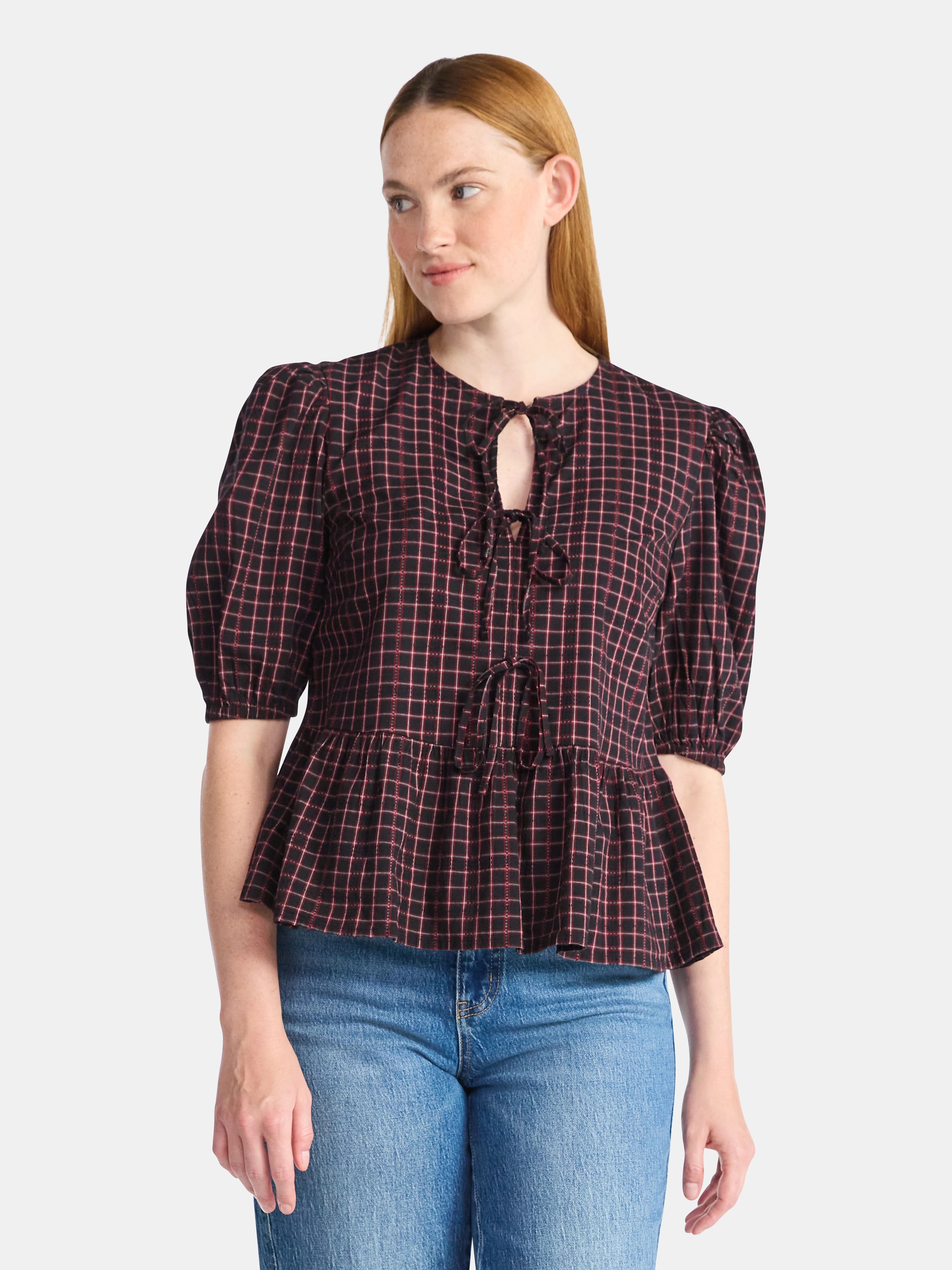 Time and Tru Women's Tie Front Peplum Top with Short Puff Sleeves, Size XS – XXXL | Walmart (US)
