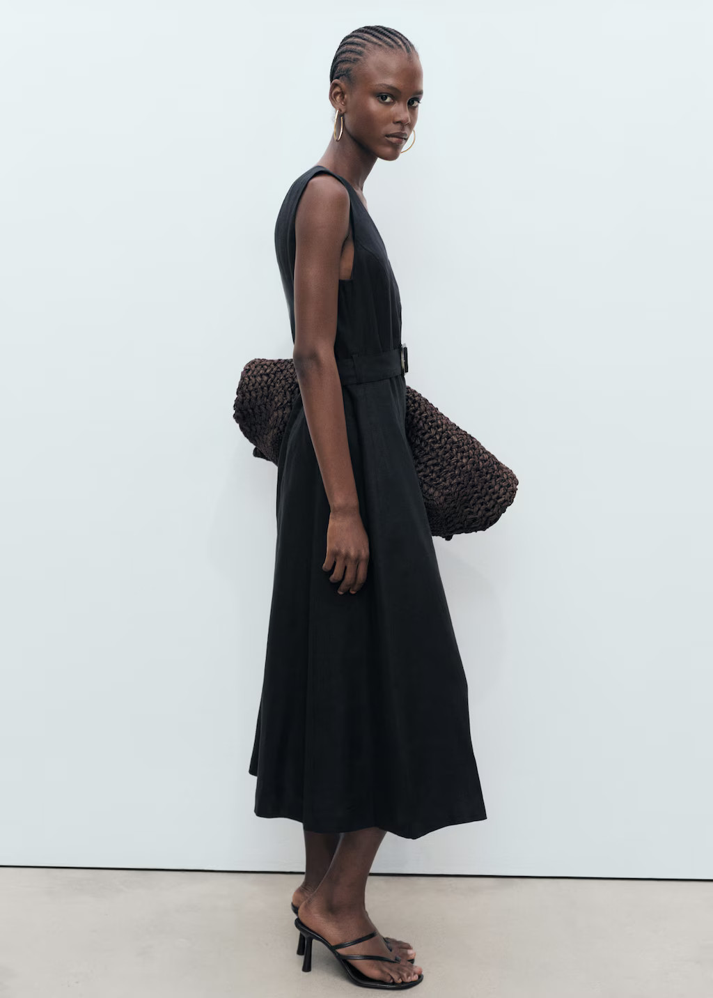Robe évasée lin ceinture noir - Femme - M - MANGO | Mango EU