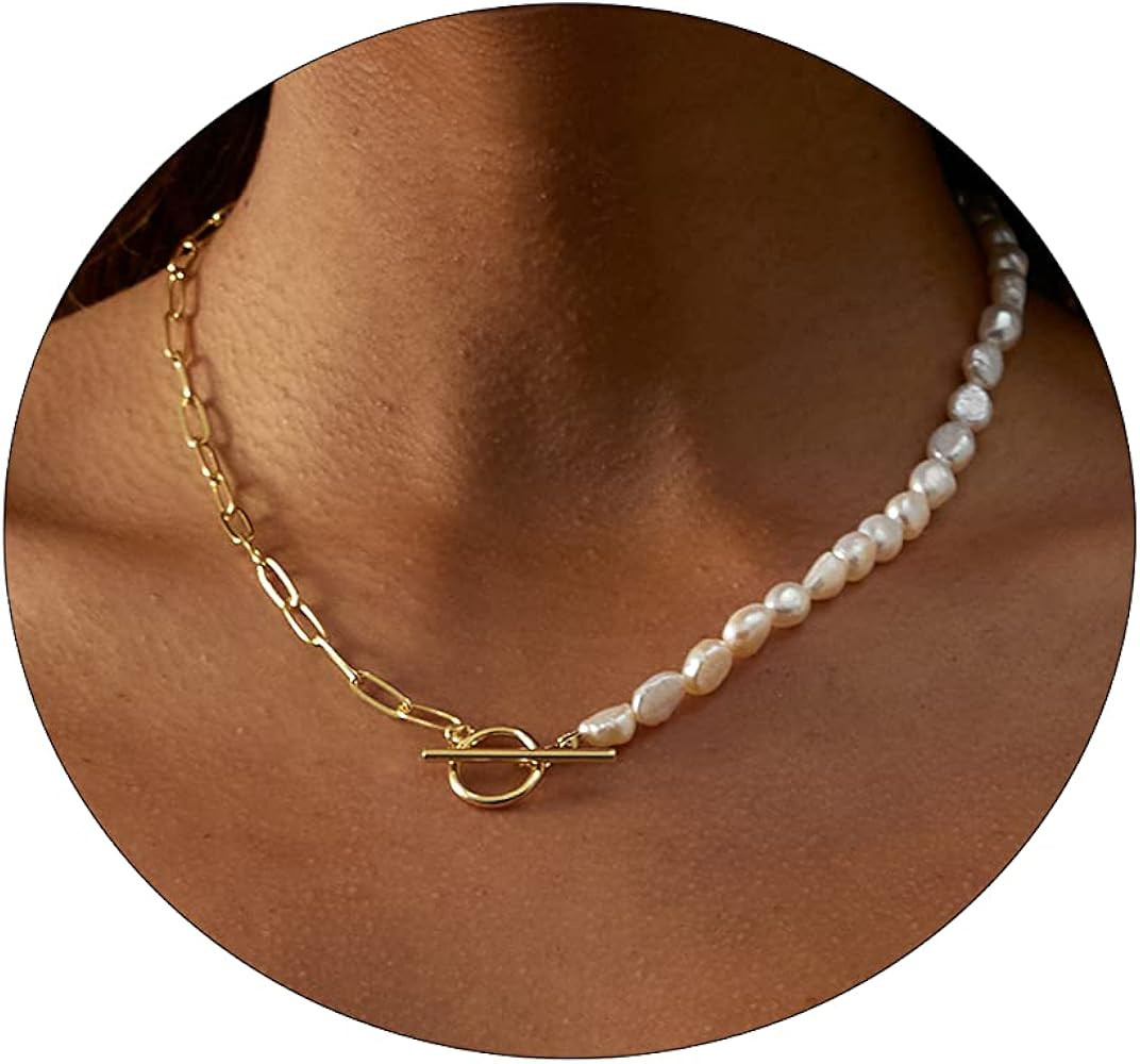 ASCOMY Dainty Pearl Necklaces for Women 14K Gold Plated Chunky Half Pearl Half Chain Toggle Neckl... | Amazon (US)