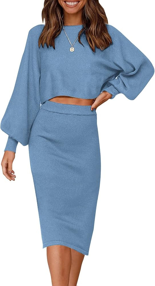 ZOWODO Women's Casual Two Piece Solid Color Ribbed Knit Long Sleeve Tops and Bodycon Midi Skirt Swea | Amazon (US)