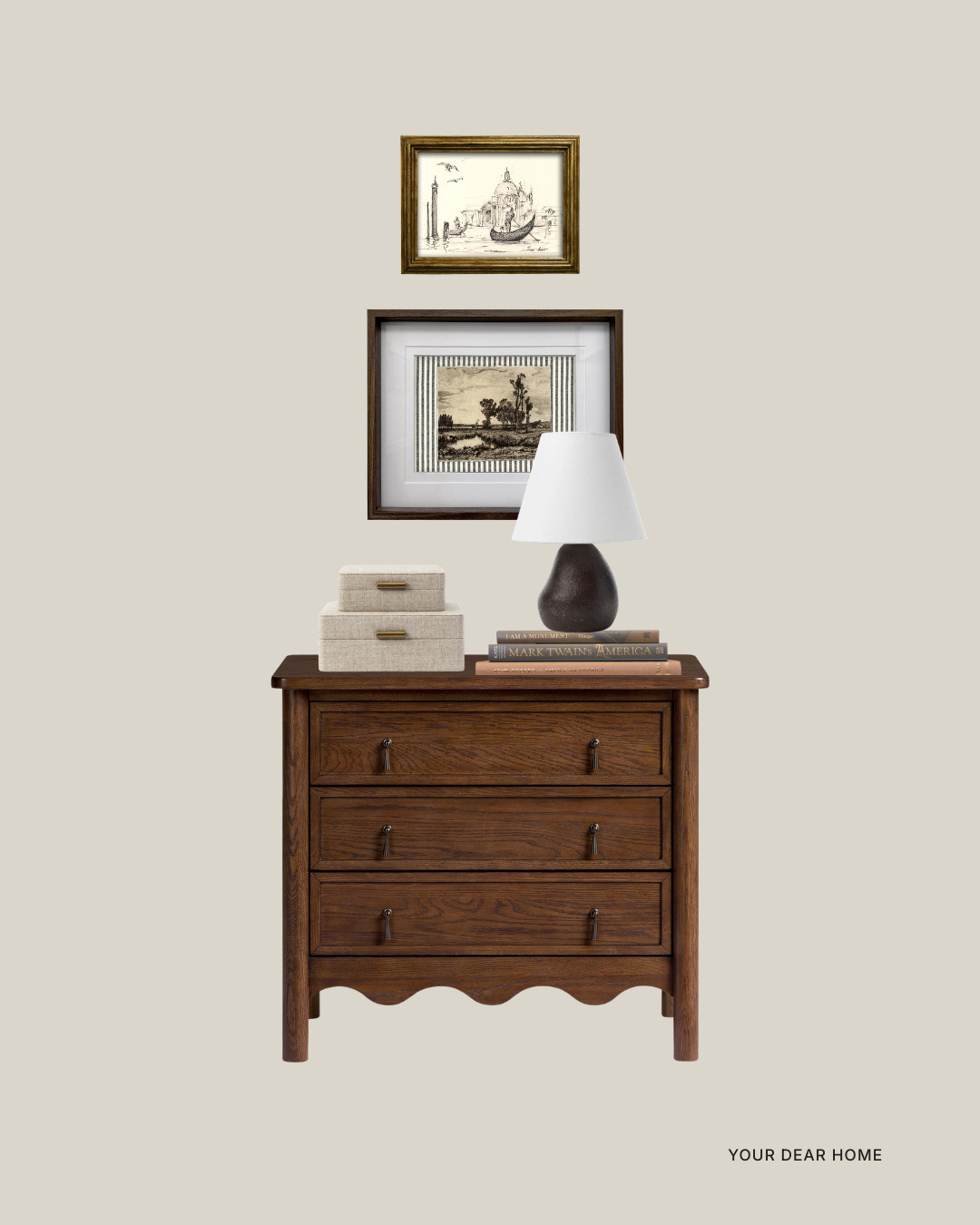 Vintage inspired hallway decor at its finest 🤎
Rich wood tones, layered antique-style art, warm lighting and neutral storage boxes create that timeless, collected look that never goes out of style. This is how you make a hallway feel intentional instead of forgotten. 

 #LTKHome