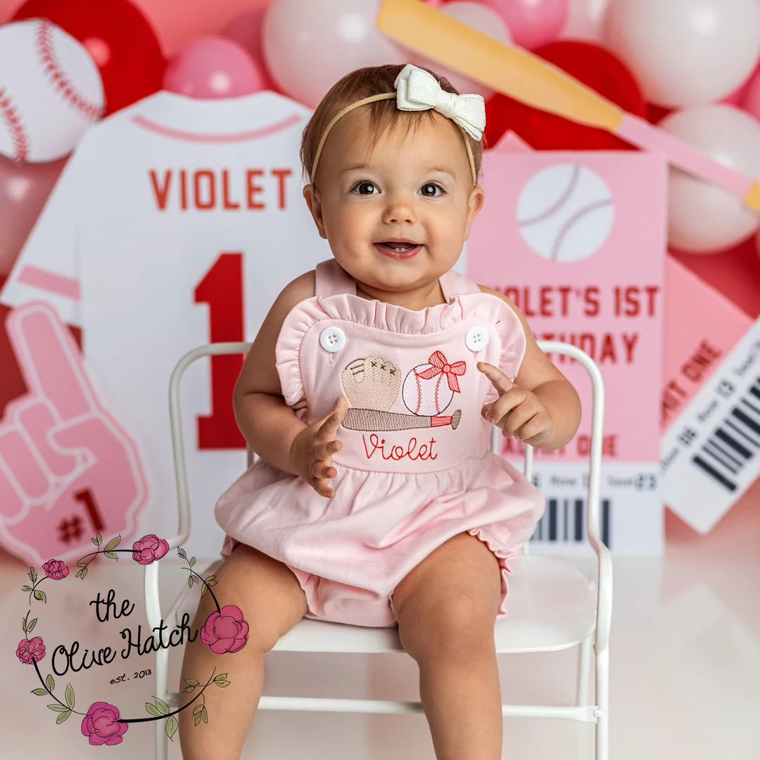 Monogrammed Baby Girl Baseball Outfit: Pink Sunsuit Romper, Personalized Baby, Kids, Toddler | Etsy (US)