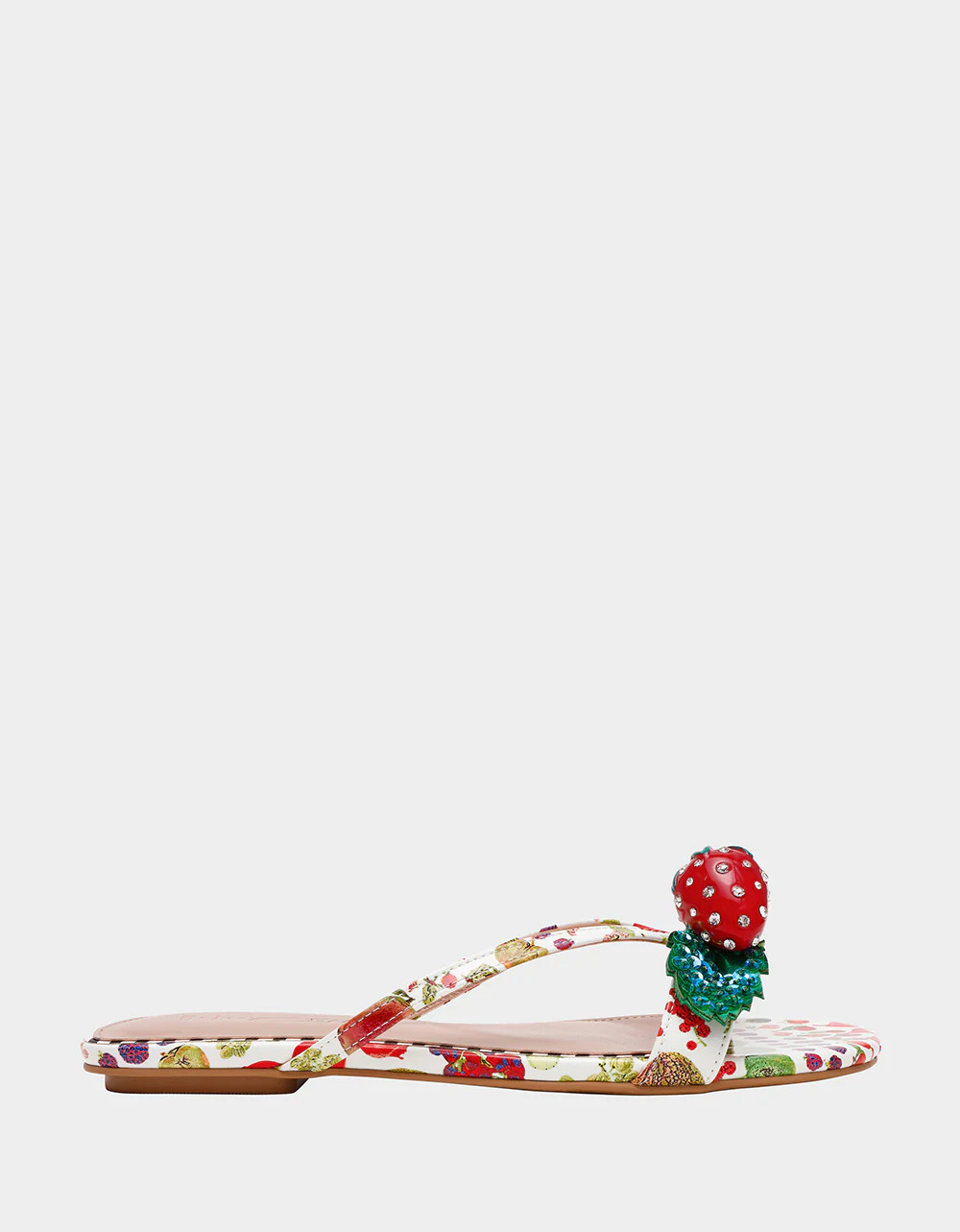 GARRIK WHITE MULTI Women's Thong Strappy Fruit Printed Sandal | Betsey Johnson