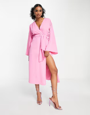 Pretty Lavish knot front plunge midaxi dress in pink | ASOS (Global)