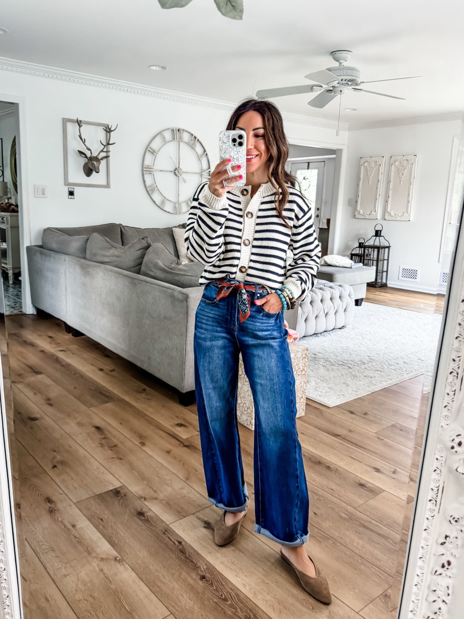 Small striped cardigan. 25 barrel jeans.

#LTKOver40 #LTKPetite