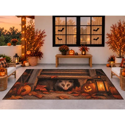 5' x 7' Outdoor Area Rug, Creepy Opossum Pumpkins Autumn Halloween Pattern, Waterproof PVC Coil Loop Carpet, Heavy Duty Quick Dry Mat for Porch Deck B | Wayfair North America