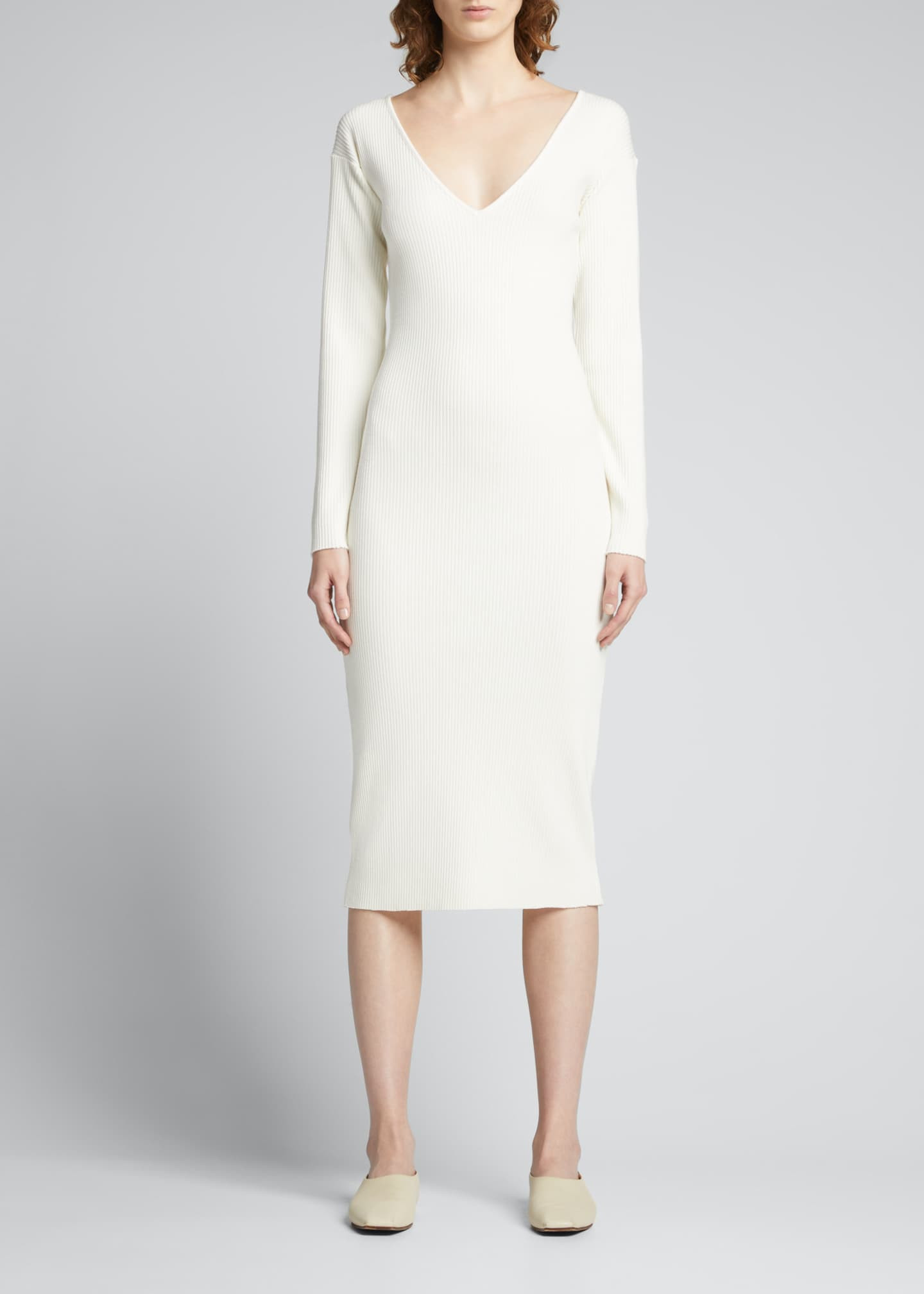 V-Neck Long-Sleeve Ribbed Dress | Bergdorf Goodman