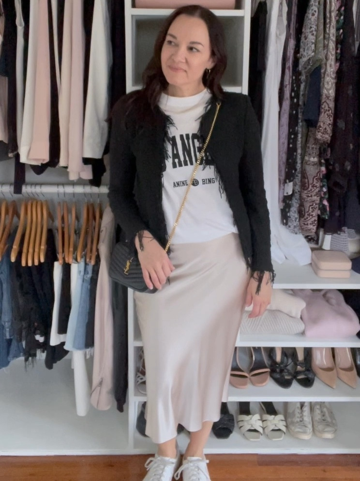 Wearing my favorite silk midi skirt that comes in many colors and is under $70. It also comes in a maxi style that is also linked. My tee is old so I’ve linked similar options. If between sizes, size down in the jacket. 

#LTKFindsUnder100 #LTKWatchNow #LTKOver40