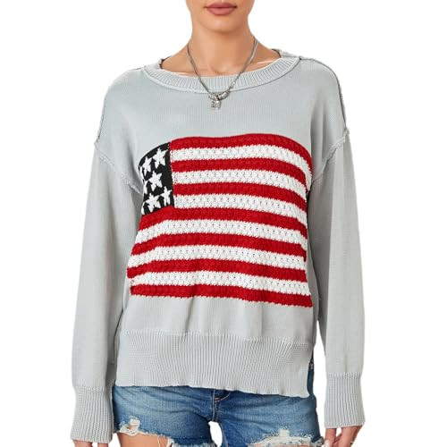 Women American Flag Sweater Loose Vintage USA Sweatshirt Long Sleeve Crewneck Hollow Out 4th of July Jumper(S Grey,Medium) | Amazon (US)