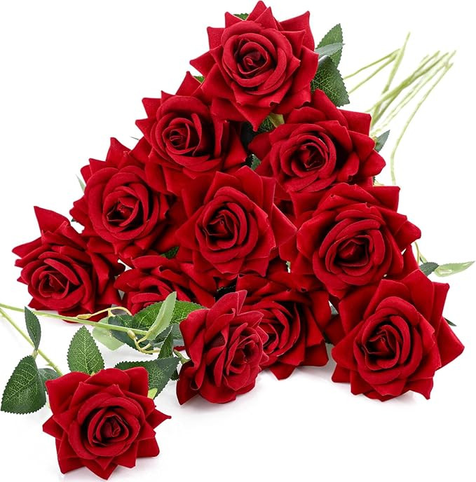 Zeyune 10 Pcs Red Roses Artificial Velvet Flowers, Fake Silk Rose Faux Look Real Florals for Vale... | Amazon (US)
