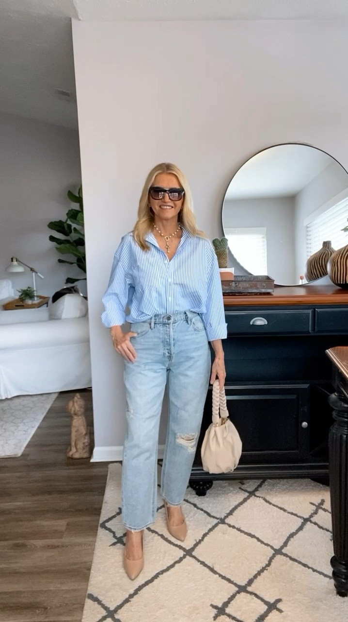 SALE ALERT ‼️ 50% off jeans 👖Fall Outfit /Perfect transition outfit from summer into Fall/Striped Shirt wearing a small/Styled with High Rise Distressed Straight Jeans wearing a size 26 These run large so I sized down 1 size 
#jeans #falloutfits #shirts #womensfashion #fashion #dailyoutfits #affordablefashion #amazonfashion #vicicollection #

#LTKVideo #LTKStyleTip